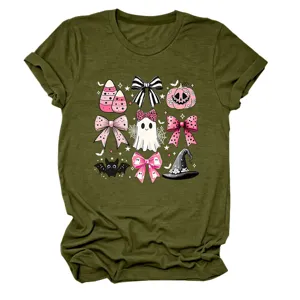 Detailed view of the cute pink Halloween ghost bow graphic printed on olive green t-shirt.