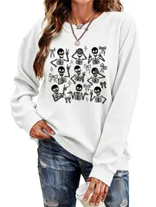 Women Halloween Skeleton Bow Print Long Sleeve Crewneck Casual Pullover Sweatshirt