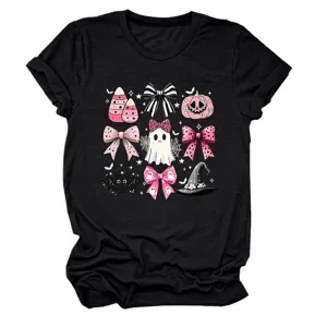 Stylish women's black short sleeve t-shirt featuring pink Halloween ghost and bow graphic.