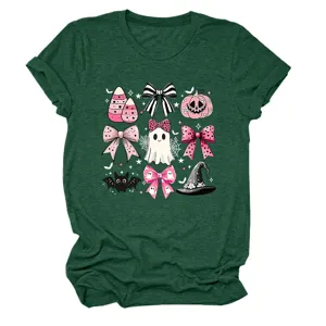 Women's cute pink bow ghost Halloween graphic tee dark green short sleeve round neck top