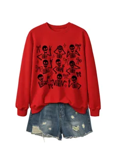 Women red crewneck sweatshirt with cute skeleton graphics and bow prints for Halloween.
