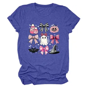 Close-up detail of the pink and black Halloween cute ghost and bow graphic print on t-shirt fabric.