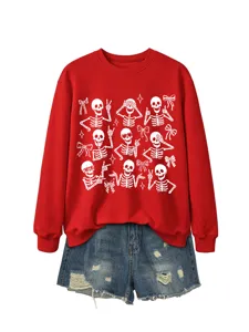 Casual women's red sweatshirt featuring fun Halloween skeleton graphics and stylish bows.