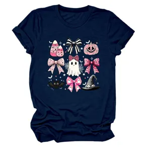 Women's cute Halloween ghost bat witch hat graphic short sleeve t-shirt in navy blue.