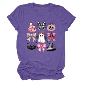Women cute Halloween purple t-shirt with pink ghost bow graphic short sleeve top style