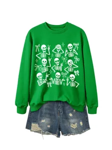 Green long sleeve skeleton print sweatshirt paired with stylish denim shorts for women.
