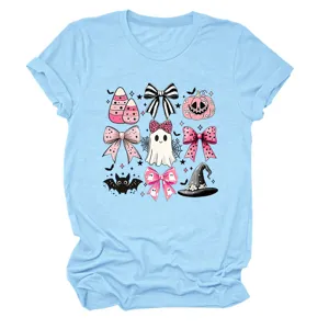 Light blue women's short sleeve T-shirt with cute pink Halloween ghost and bow graphic print.