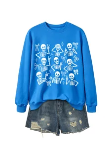 Women blue sweatshirt and distressed denim shorts set featuring cute skeleton print design.