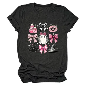 Women cute Halloween graphic short sleeve t-shirt pink bow ghost tee top casual crewneck