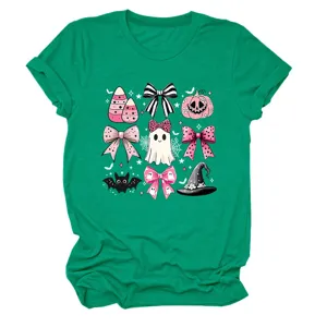 Green women short sleeve t-shirt with cute pink Halloween bow ghost graphic print casual top