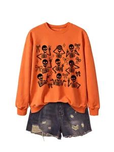Women's Halloween orange crewneck sweatshirt featuring stylish skeleton and bow graphics.