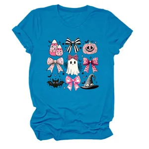 Close-up detail of the pink Halloween bow and ghost graphic on the blue short-sleeve t-shirt.