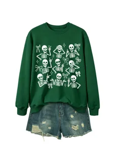 Dark green crewneck sweatshirt with cute white skeleton graphics, casual stylish apparel.