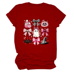Cute pink Halloween ghost bow bat witch hat print short sleeve red t-shirt detail