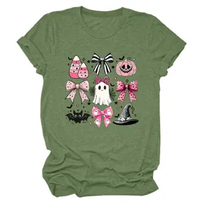 Women's cute Halloween graphic t-shirt olive green short sleeve spooky ghost bow top