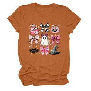 Cute pink bow ghost Halloween graphic short sleeve t-shirt, casual round neck top for women