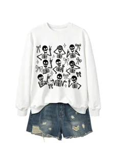 Women's casual white crewneck sweatshirt with cute skeleton graphics and bows for daily wear.