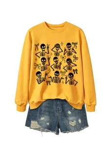 Women's cute Halloween skeleton graphic crewneck sweatshirt paired with stylish denim shorts.