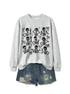 Casual women's grey long sleeve sweatshirt featuring playful skeleton designs and cute bow patterns.