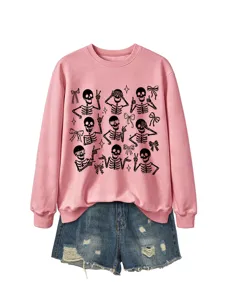 Pink crewneck sweatshirt with cute skeleton bow print paired with blue denim shorts.