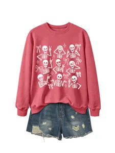 Women red Halloween skeleton print crewneck sweatshirt paired with casual distressed denim shorts.