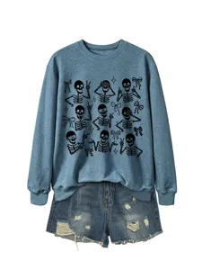 Blue casual long sleeve women sweatshirt featuring cute skeleton and bow graphic detail.