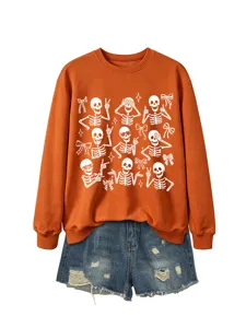 Women Halloween Skeleton Bow Graphic Sweatshirt Casual Long Sleeve Pullover Tops Shorts Set