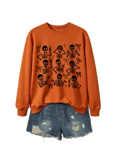 Women Halloween Orange Crewneck Sweatshirt with Cute Skeleton Bow Graphic and Denim Shorts