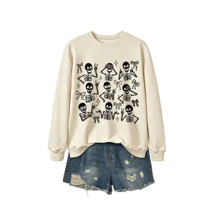 Women's Halloween cartoon skeleton bow graphic crewneck sweatshirt with denim shorts set.