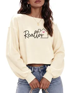 Sudadera corta mujer Realtor detalle, jersey casual cuello redondo manga larga beige.