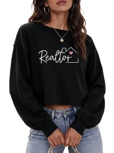 Sudadera corta negra de mujer con gráfico realtor top informal de manga larga para diario.