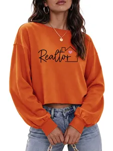 Sudadera corta naranja elegante para mujer con estampado realtor y mangas largas casual top