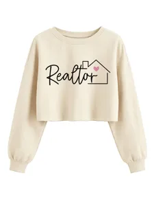 Sudadera crop beige mujer manga larga cuello redondo estampado realtor top moda chic