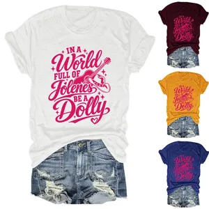 Women short sleeve crewneck graphic t-shirt casual summer top with funny slogan design.