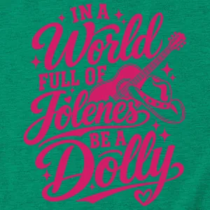 Close-up detail of green short-sleeve t-shirt with pink music graphic text and western style.