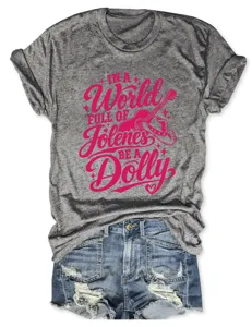 Women's grey short sleeve t-shirt paired with denim shorts featuring fun slogan print graphic.