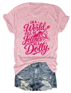 Women's pink short sleeve crewneck t-shirt with cute country music graphic print top.