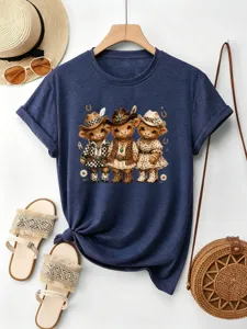 Simpatica t-shirt da donna a maniche corte con mucche cowboy, top in cotone colorato.