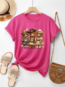 Maglietta rosa shock donna manica corta con stampa simpatica mucca cowboy stile casual