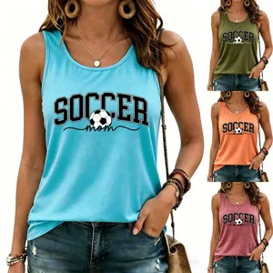 Close-up detail of women's sleeveless tank top featuring soccer mom print and graphic design.