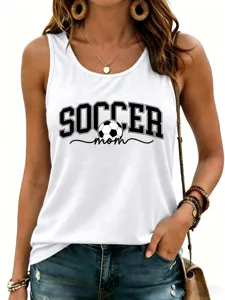 Close-up detail of white women casual sleeveless tank top featuring soccer mom print design.