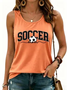 Close-up view of the orange sleeveless tank top featuring bold soccer mom graphic text.