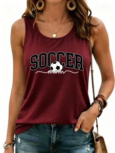 Close-up detail of women's maroon sleeveless tank top featuring bold SOCCER mom print.