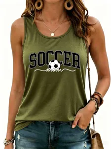 Women casual sleeveless army green tank top featuring soccer mom print graphic design.