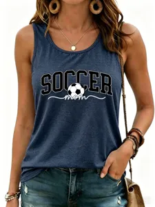 Women casual sleeveless tank top with cute soccer mom graphic print and classic round neck.