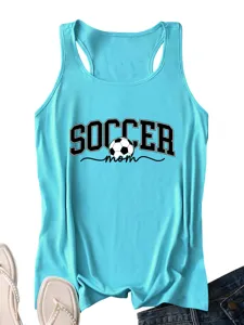 Women's blue soccer mom graphic tank top, casual sleeveless sportswear for daily summer wear.