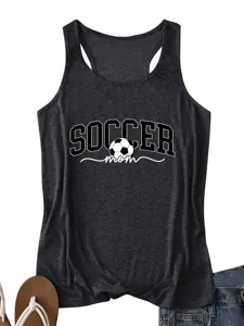 Women casual sleeveless soccer mom printed tank top, athletic racerback style for daily wear.