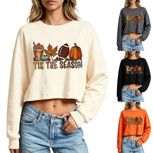 Sweat shirt femme automne graphique manches longues crop top pull décontracté imprimé