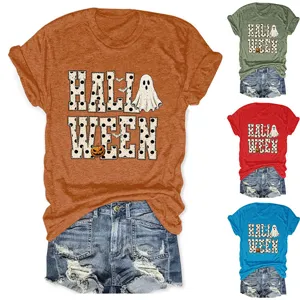 Detailed view of Halloween ghost pumpkin print short sleeve women t-shirt with variant colors.