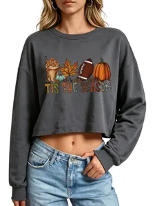 Sweat-shirt court imprimé graphique d'automne pour femme, haut casual à manches longues.